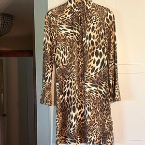 INC leopard print dress, two buttons behind neck, bell sleeves, size S